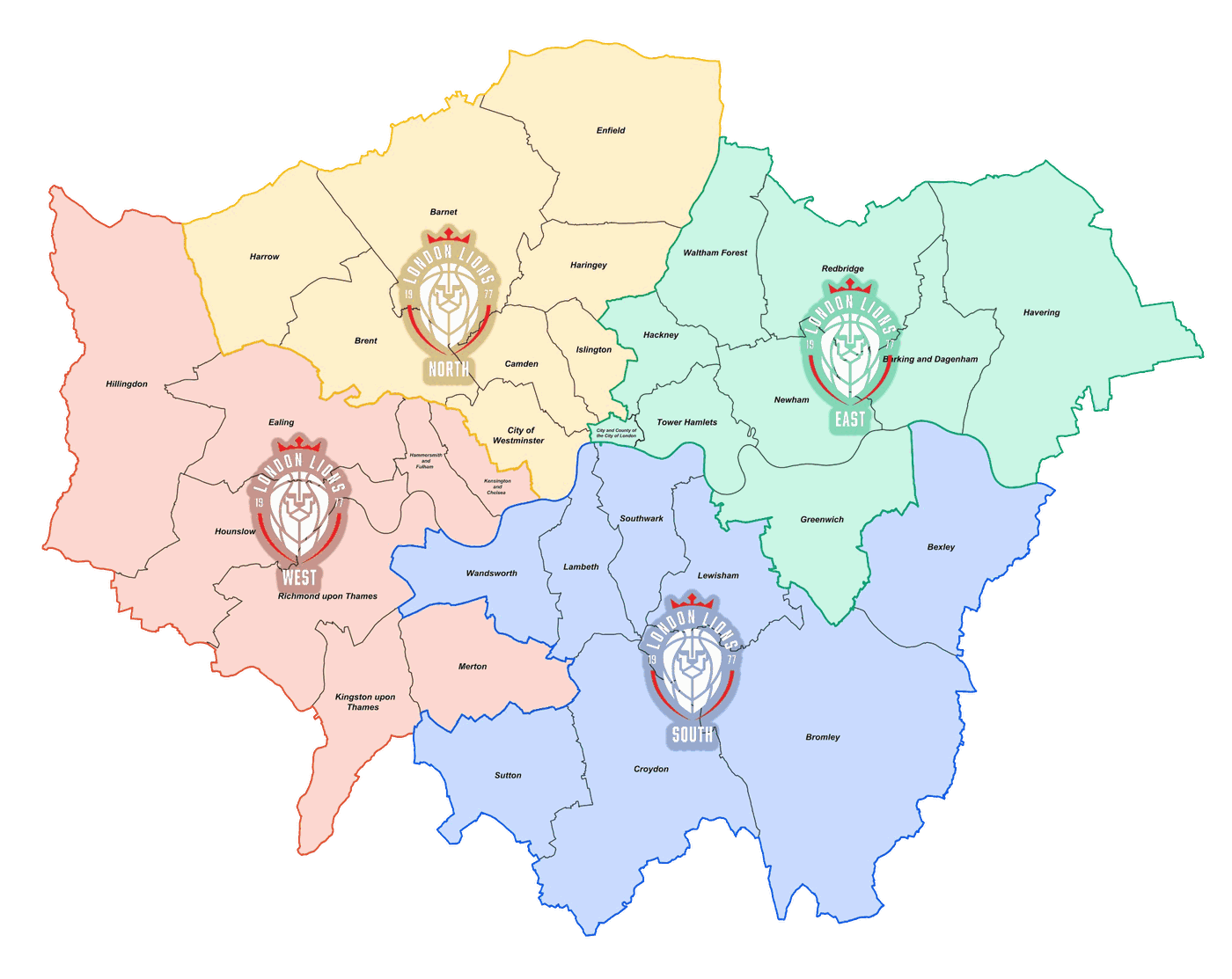 Map of London's boroughs divided into the four London Lions youth regions: North, East, South and West