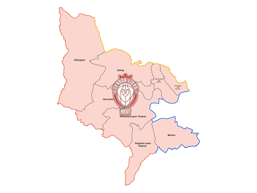 Map of the London Lions West region: Hillingdon, Ealing, Hounslow, Hammersmith and Fulham, Kensington and Chelsea, Richmond, Kingston and Merton