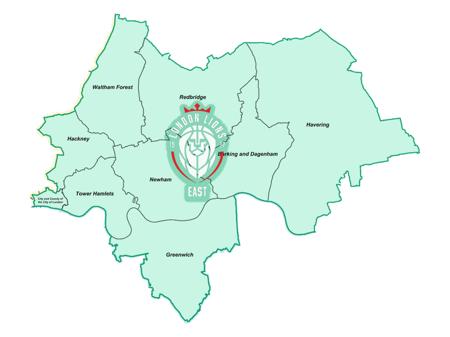 Map of the London Lions East region: Hackney, Tower Hamlets, Newham, Waltham Forest, Redbridge, Barking and Dagenham, Havering, Greenwich and the City of London