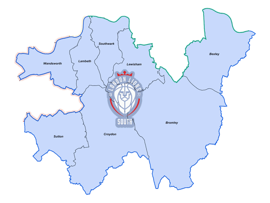 Map of the London Lions South region: Bexley, Bromley, Croydon, Sutton, Lewisham, Southwark, Lambeth and Wandsworth