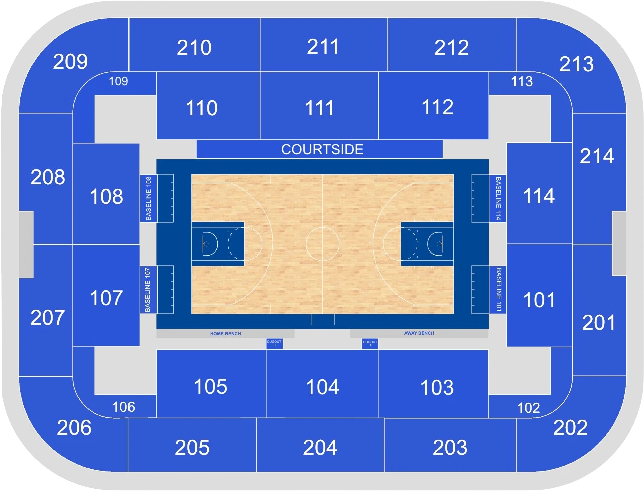 Copper Box Arena basketball seating plan showing courtside, baseline, 100-level and 200-level sections around the court