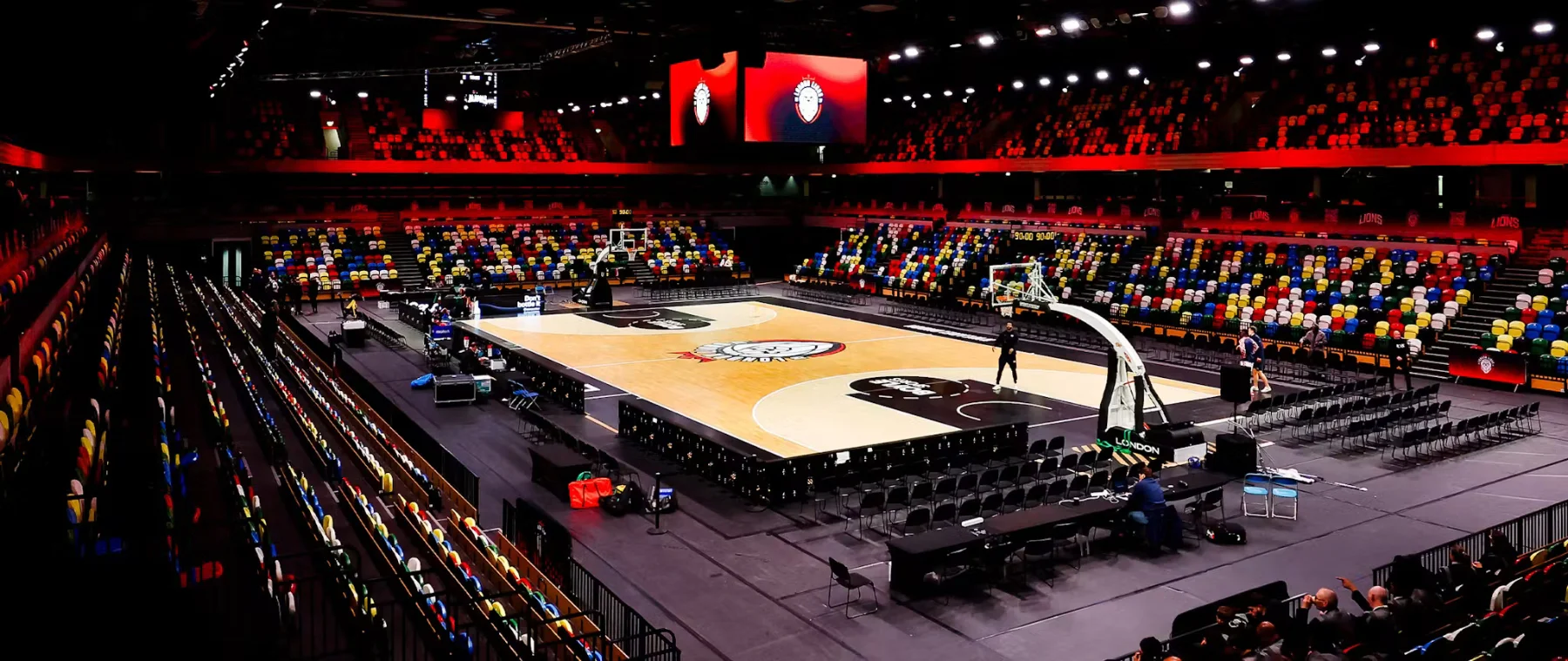 The Copper Box Arena set up for a London Lions game, seen from the upper tier