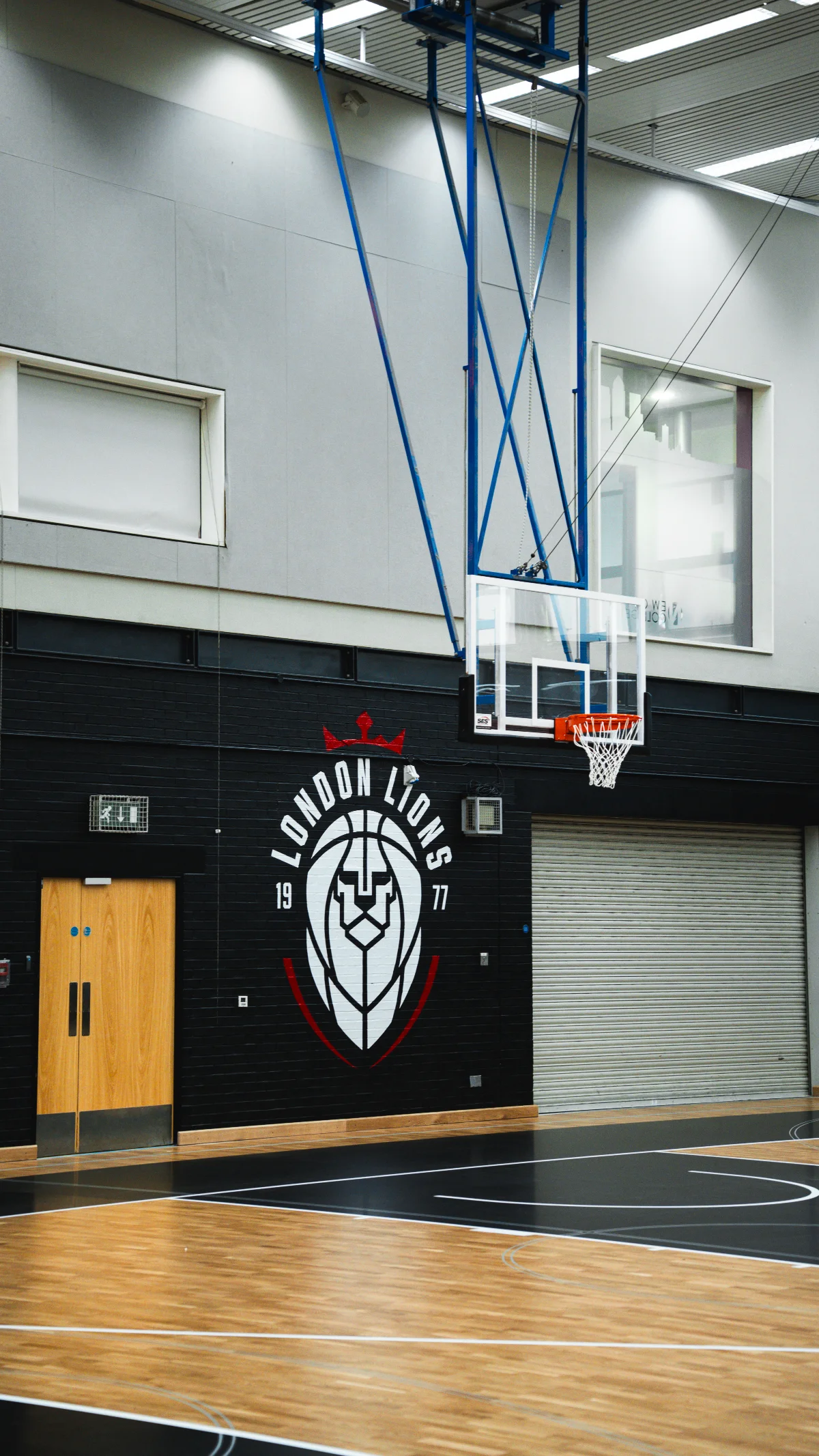 The London Lions crest painted on the wall behind the basket at the New City College Hackney sports hall