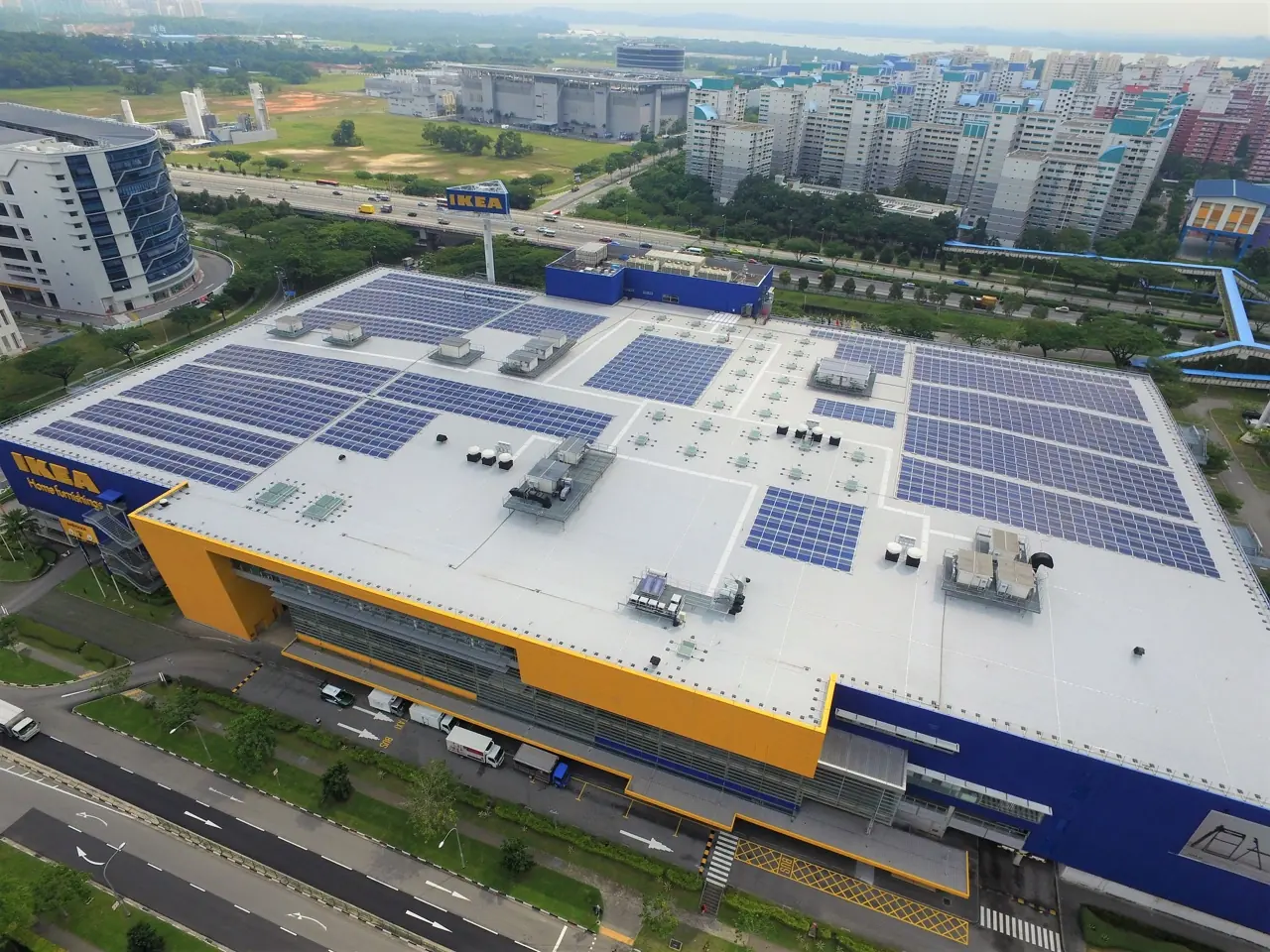 Aerial view of the rooftop solar PV system at IKEA Tampines, Singapore