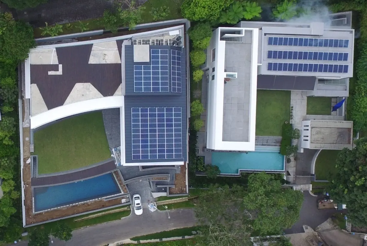 Aerial view of solar panels on a landed home at Belmont Road, Singapore
