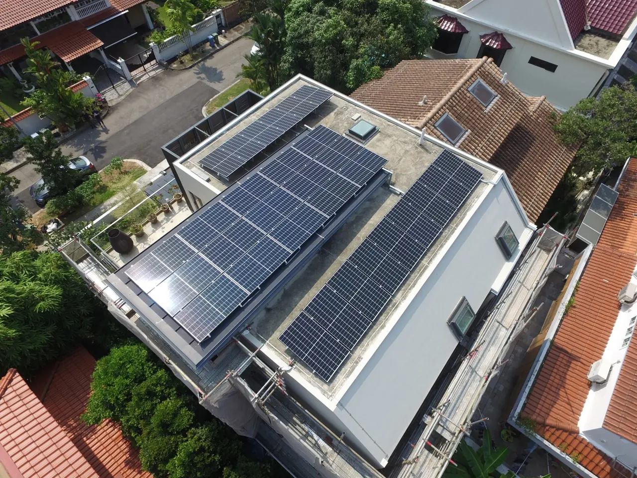 Rooftop solar panel array on a landed home at Jalan Senir, Singapore