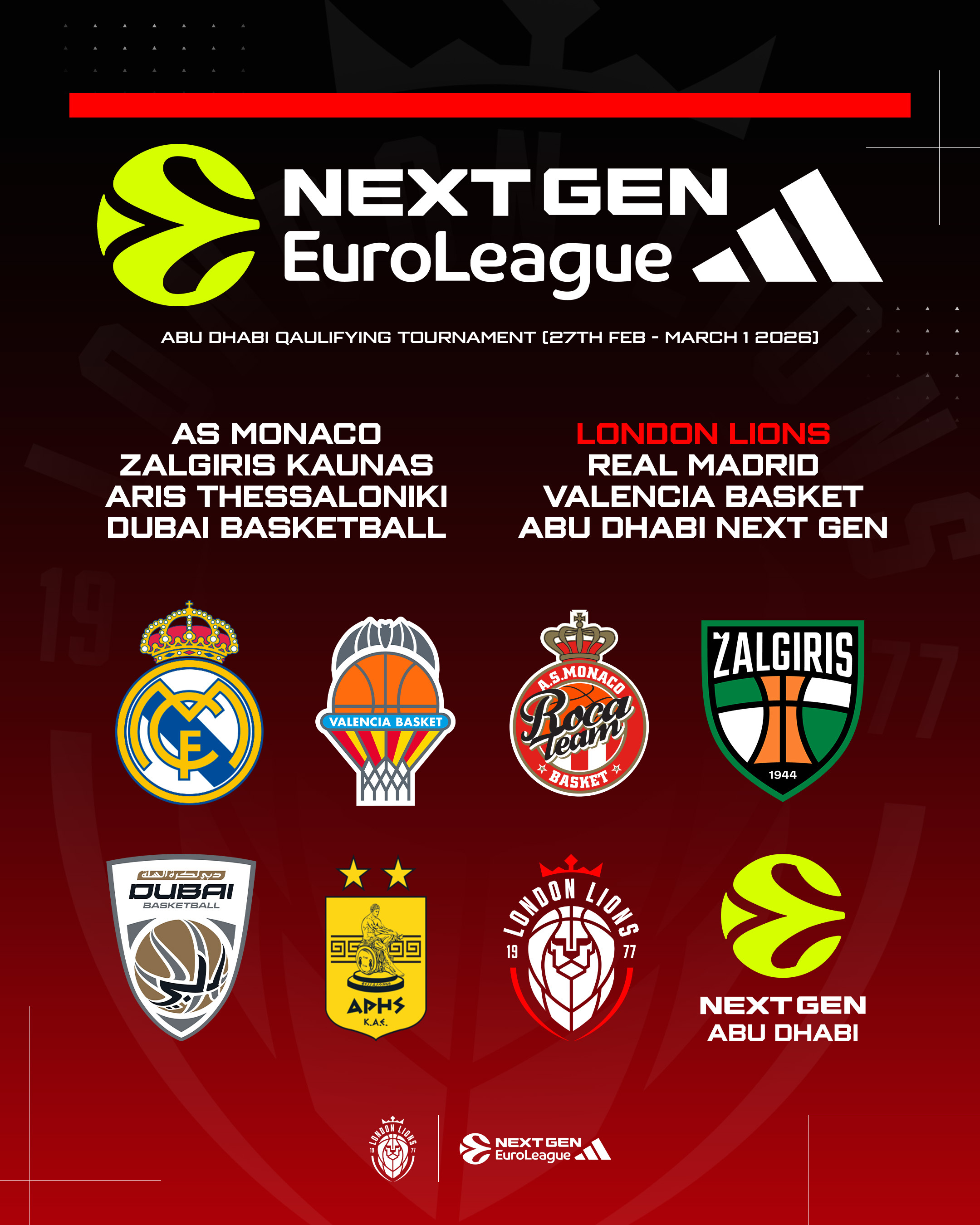 LONDON LIONS CONFIRMED FOR ABU DHABI STOP OF 2026 ADIDAS NEXTGEN EUROLEAGUE TOURNAMENT