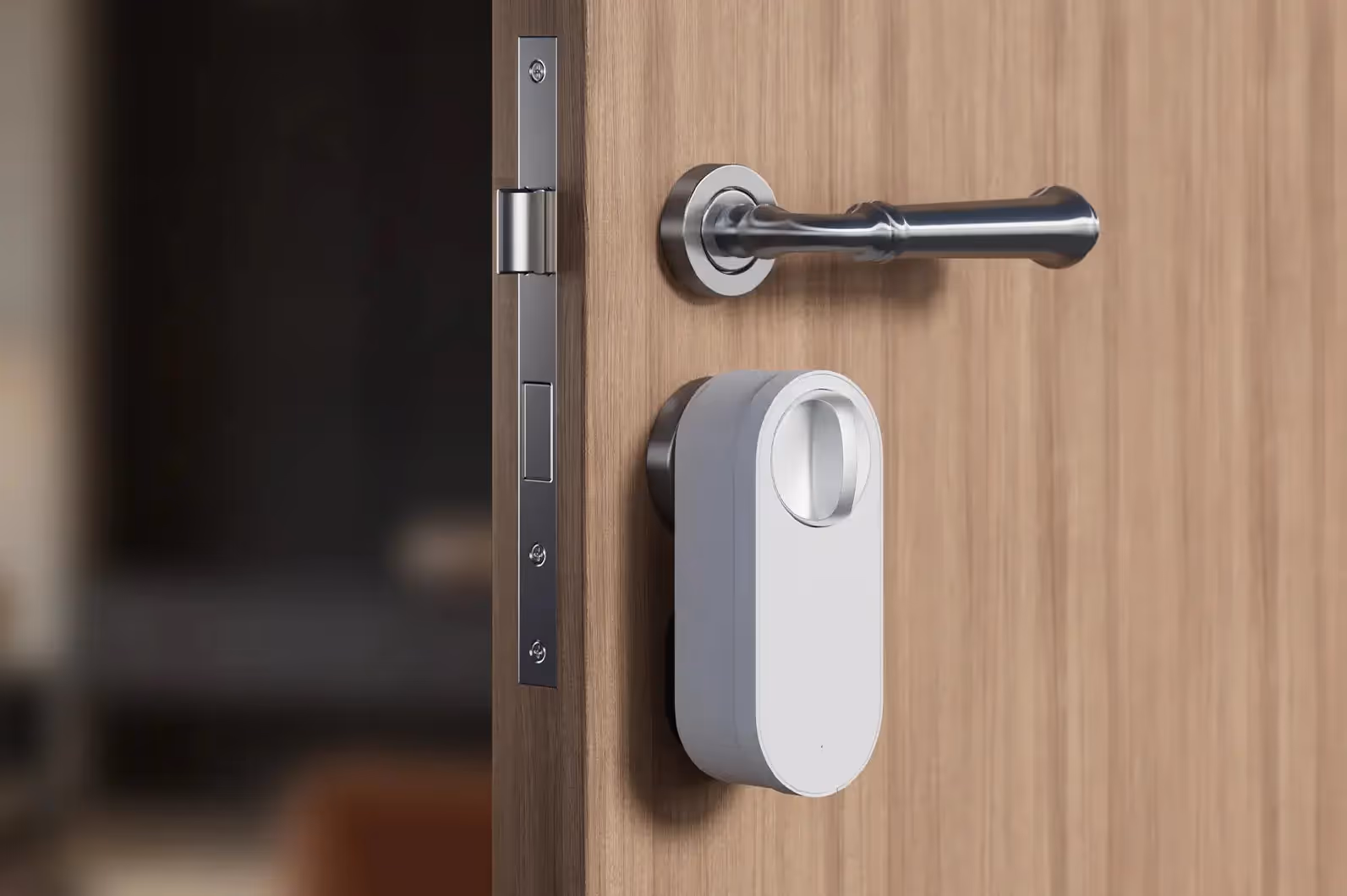 Ett smart lås från Aqara monterat på en dörr med handtag