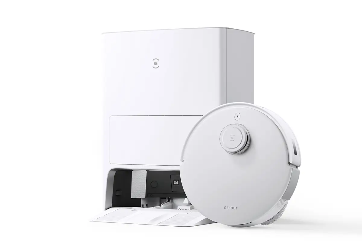 Ecovacs Deebot T20 OMNI – robotdammsugare med dockningsstation, mot vit bakgrund