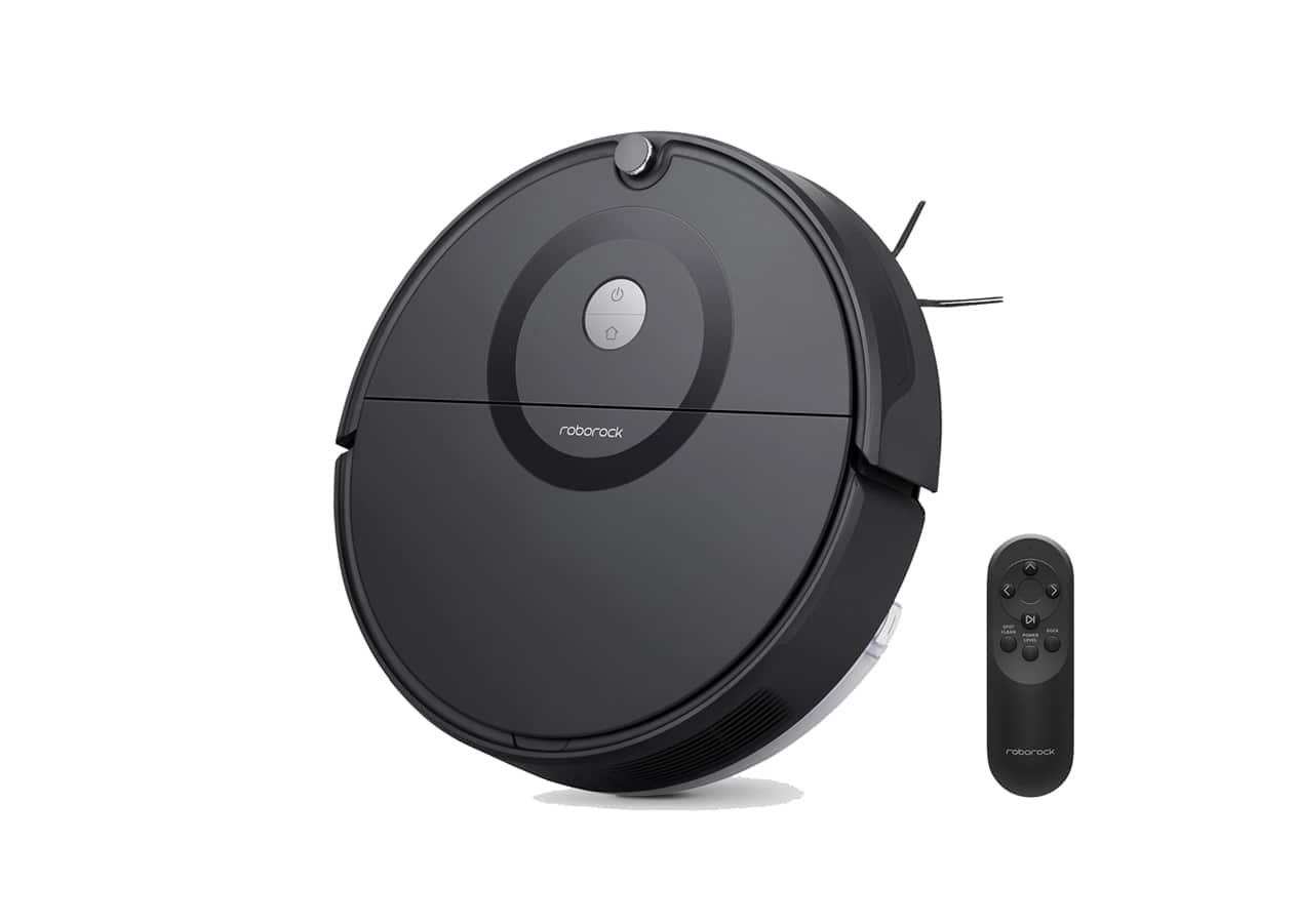 Roborock E5 – robotdammsugare med fjärrkontroll, mot vit bakgrund