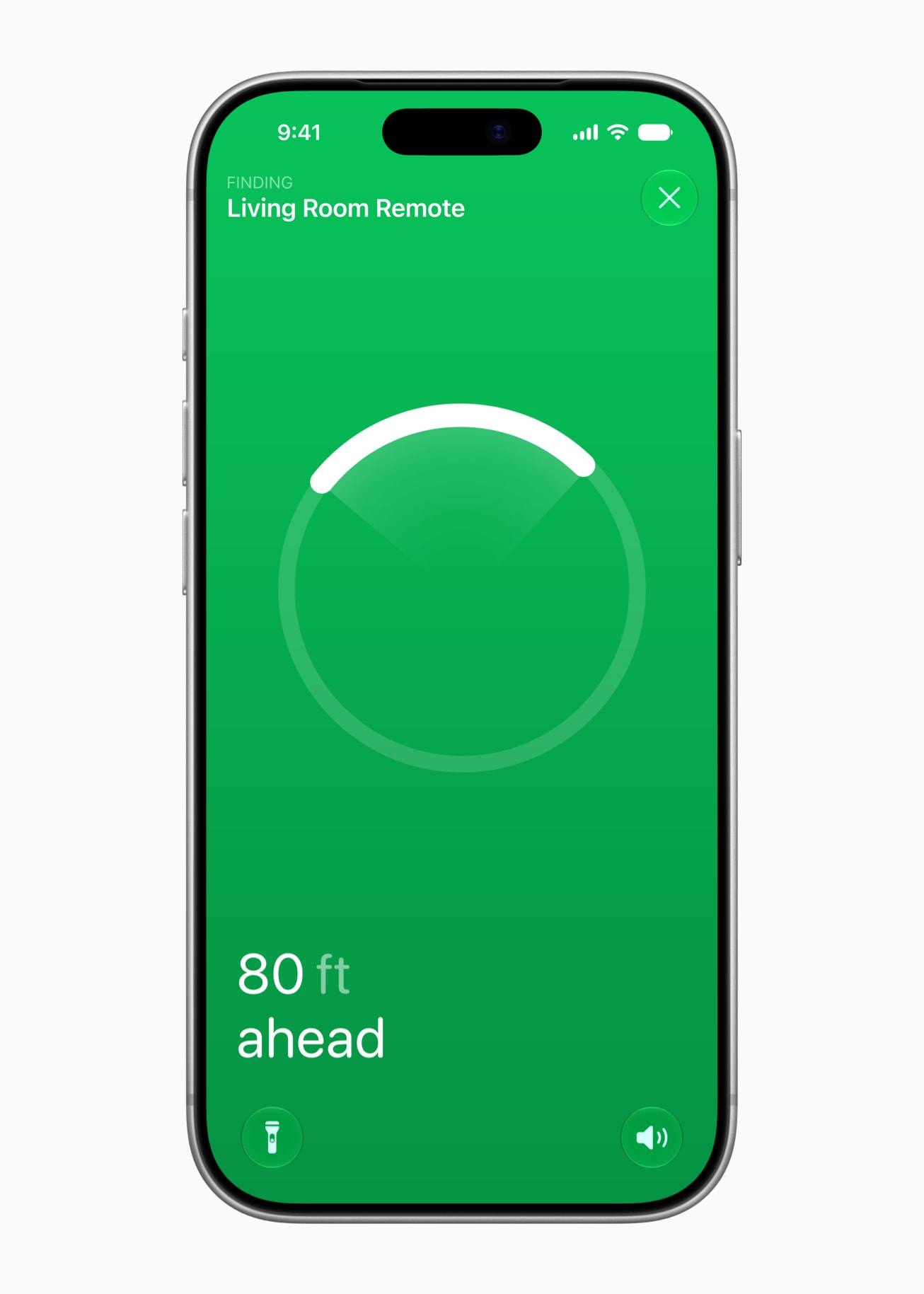Apple TV 4K – precisionssökning efter Siri Remote i Hitta på iPhone, framifrån