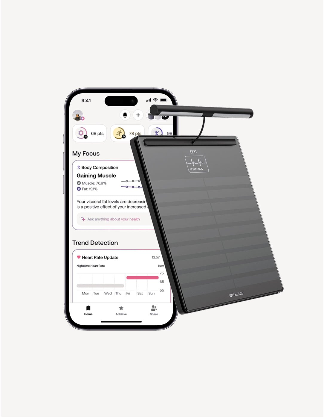 Withings BodyScan – smart våg och Withings-appen i mobilen, framifrån