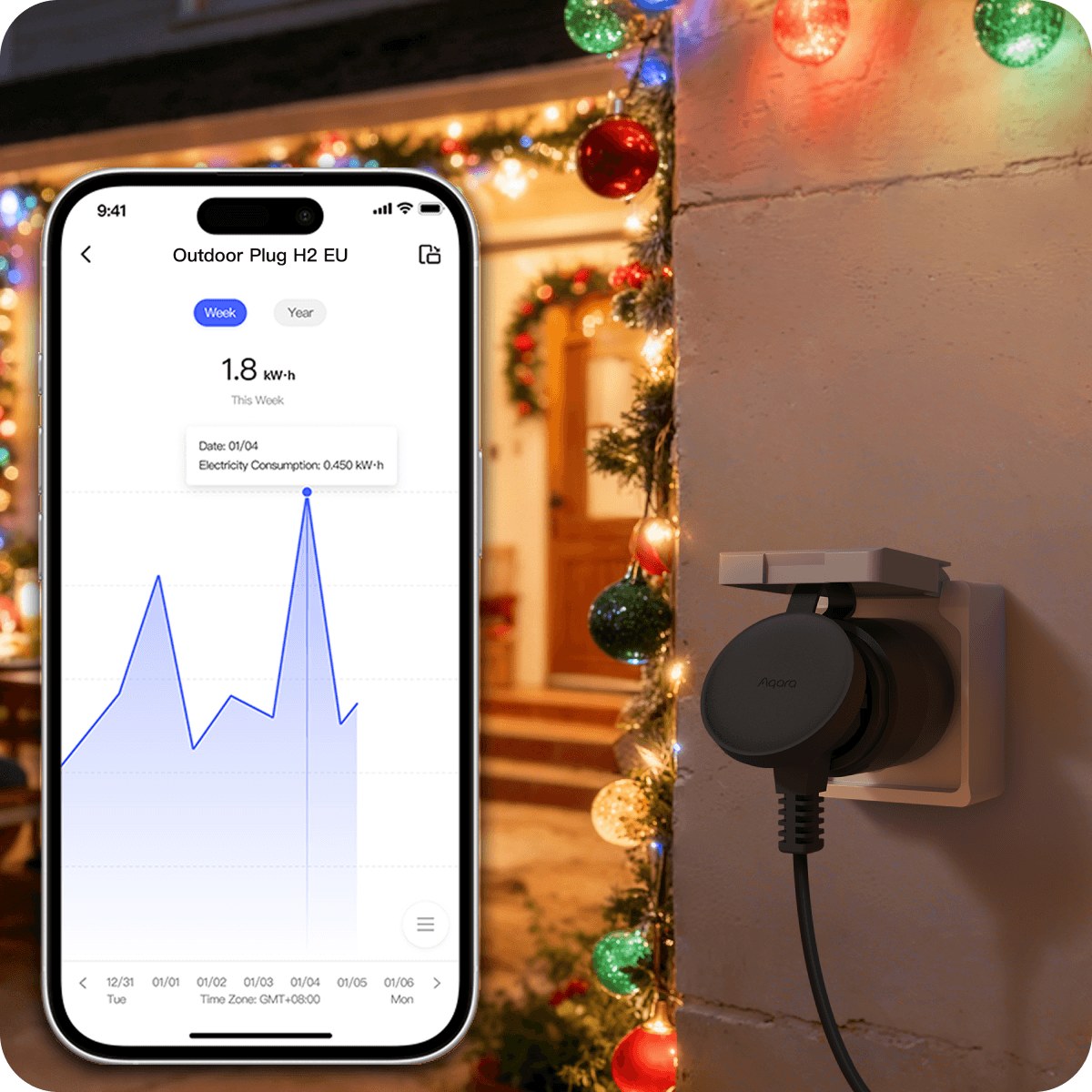 Aqara Outdoor Plug H2 EU – smart utomhusuttag på fasad med energimätning i appen, framifrån
