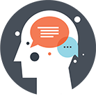 White silhouette of a human head with overlapping orange and blue speech bubbles inside on a dark background.