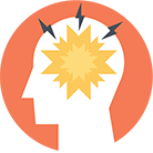 Silhouette of a head with a yellow explosion inside and three black arrows pointing inward, symbolizing stress or headache.