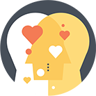 Two overlapping human head silhouettes with heart shapes inside, symbolizing empathy or emotional connection.