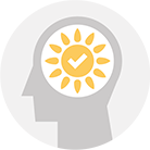 Silhouette of a human head with a sun-shaped icon and a checkmark inside representing positive mindset or self-esteem.