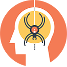 Illustration of a white human head in profile with a black spider inside an orange circle in the brain area on a dark orange background.