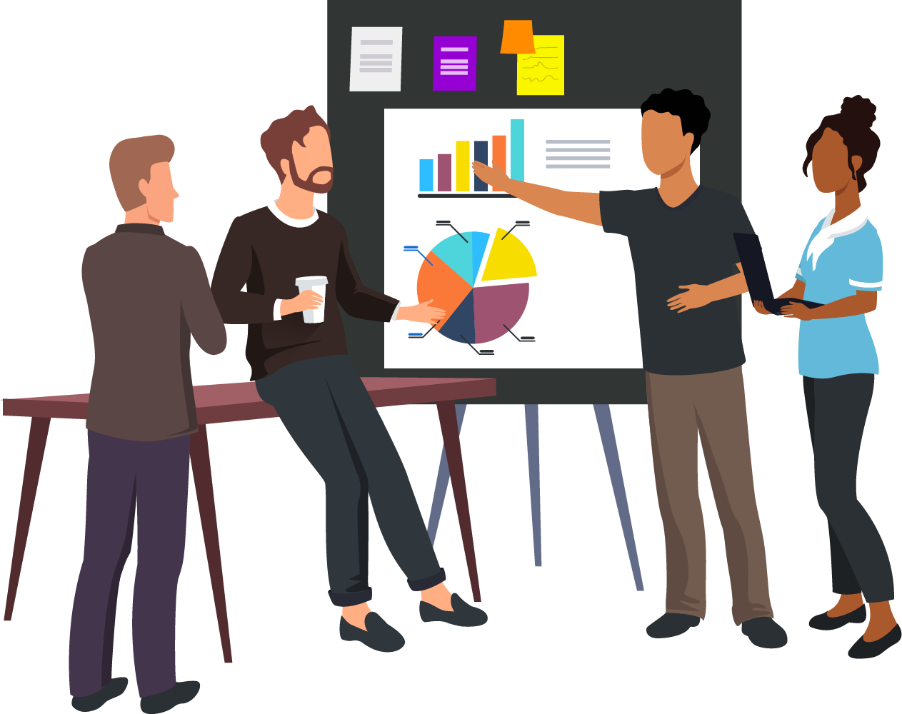 Illustration of young adults pointing to charts and graphics about money