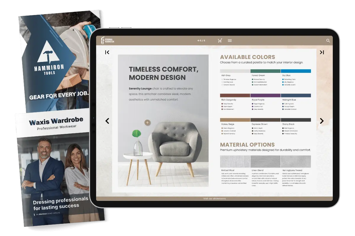 A tablet displaying an interactive digital catalog for furniture, with additional brochures for tools and professional workwear on the left of the tablet.