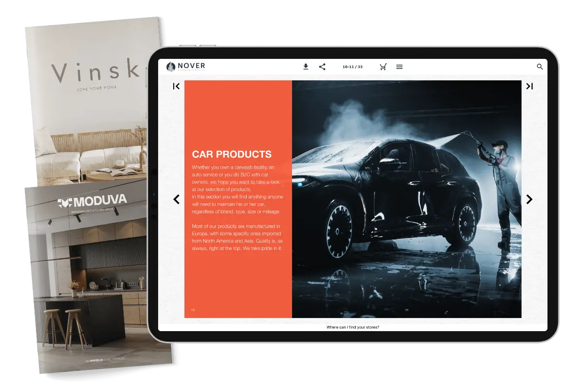 A tablet displaying an interactive digital catalog for automotive products, with additional brochures for furniture and kitchen interior, both placed on the left of the tablet.