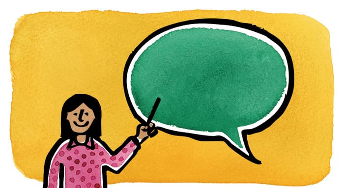 Illustration of a smiling woman in a pink polka-dot shirt pointing to a large green speech bubble with a stick. The background is a warm yellow, suggesting a teaching or presentation setting.