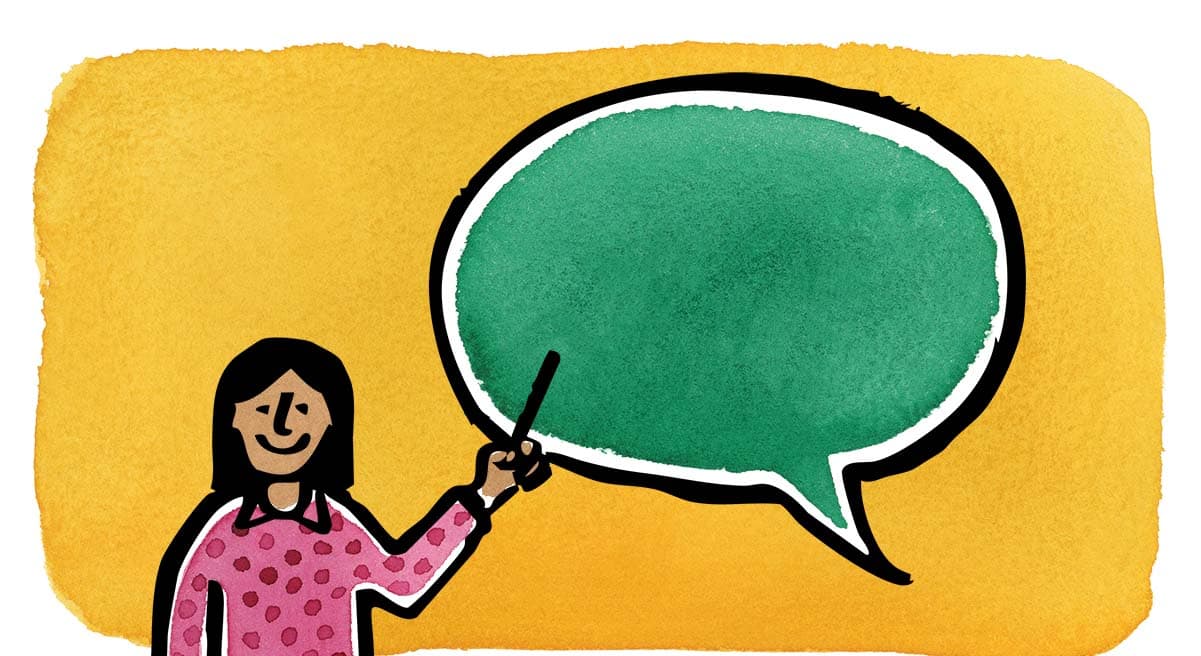 Illustration of a smiling woman in a pink polka-dot shirt pointing to a large green speech bubble with a stick. The background is a warm yellow, suggesting a teaching or presentation setting.