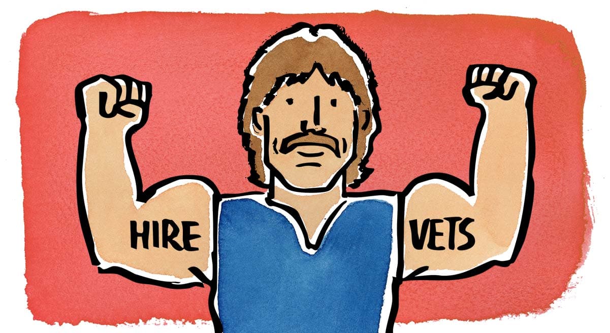  illustration of a muscular man with a mustache flexing both arms. The word 'HIRE' is written on his left bicep and 'VETS' on his right, promoting veteran hiring. He wears a blue sleeveless shirt and stands against a red background