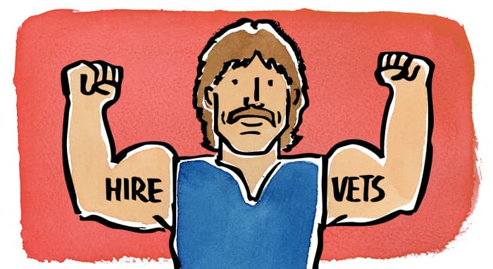  illustration of a muscular man with a mustache flexing both arms. The word 'HIRE' is written on his left bicep and 'VETS' on his right, promoting veteran hiring. He wears a blue sleeveless shirt and stands against a red background