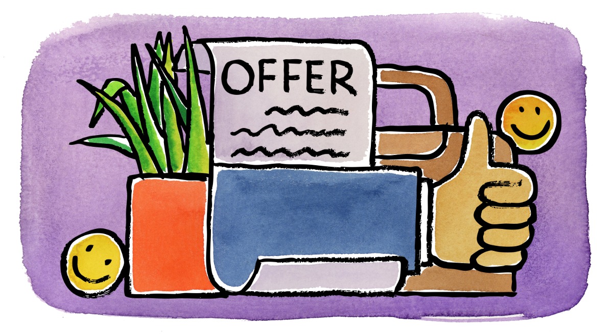 Illustration of a job offer scene: a hand holding a paper labeled 'OFFER' next to a thumbs-up, a potted plant, and two smiley face tokens. The background is purple, evoking a positive and celebratory mood around receiving a job offer.