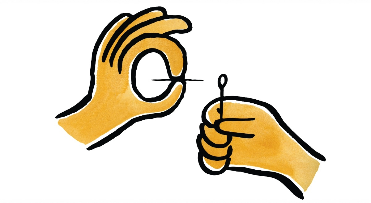 Illustration of two hands: one holding a sewing needle, and the other forming a circle with the thumb and index finger, carefully aligning the needle's tip with the circle, symbolizing precision or attention to detail.