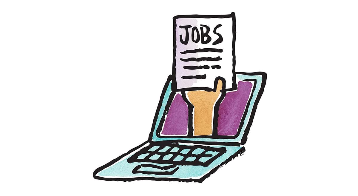 Illustration of a laptop with a hand emerging from the screen holding a paper labeled 'JOBS.' The paper has lines indicating text, symbolizing online job listings or digital hiring platforms.
