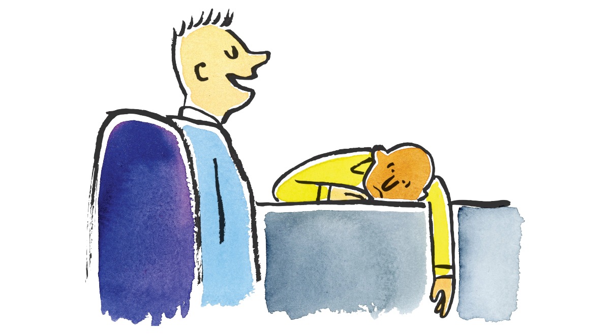 Illustration of a manager sitting upright while an employee slumps face-down across a desk with one arm hanging over the edge, symbolizing a difficult workplace termination conversation or the emotional impact of being fired.
