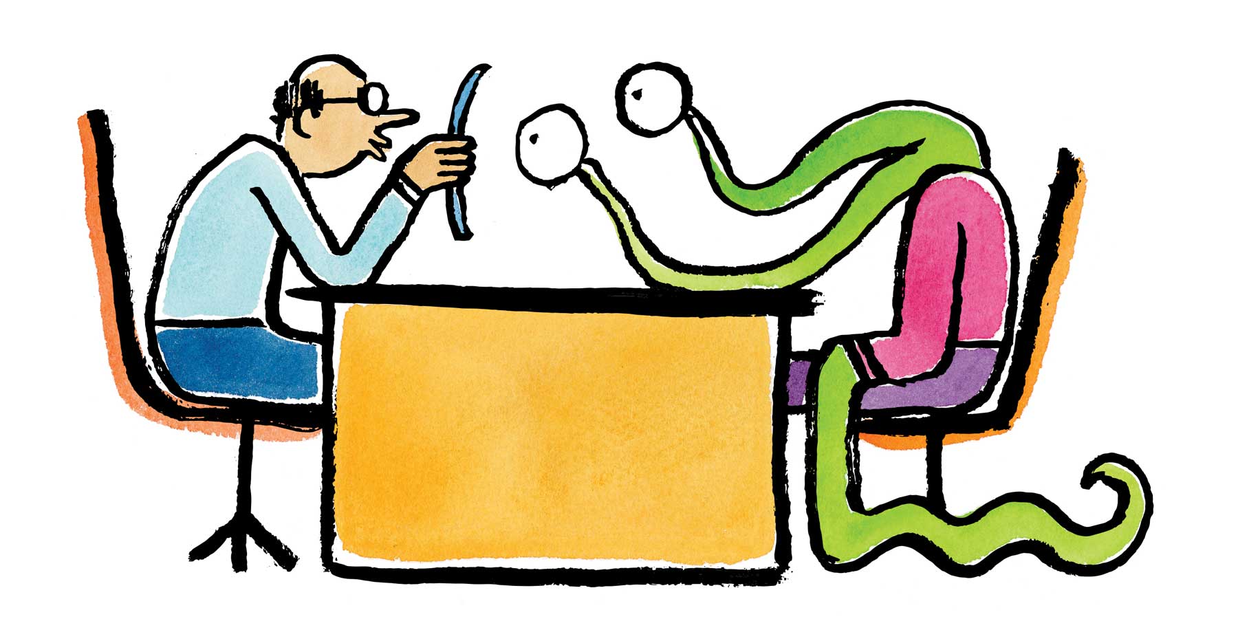 Illustration of a recruiter reviewing a resume during a job interview with a deceptive, snake-like candidate, representing hiring fraud and the need to fraud-proof the hiring process.