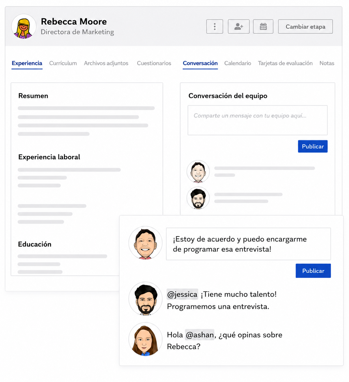 Visual de Breezy HR: Perfil del candidato: mostrar un currículum y conversaciones de equipo