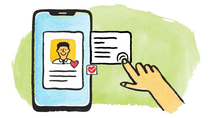 a smartphone displaying a candidate profile card while a hand taps a resume or application card next to it. Heart and checkmark icons suggest candidate matching, screening, or swipe-based job discovery in a mobile recruiting app