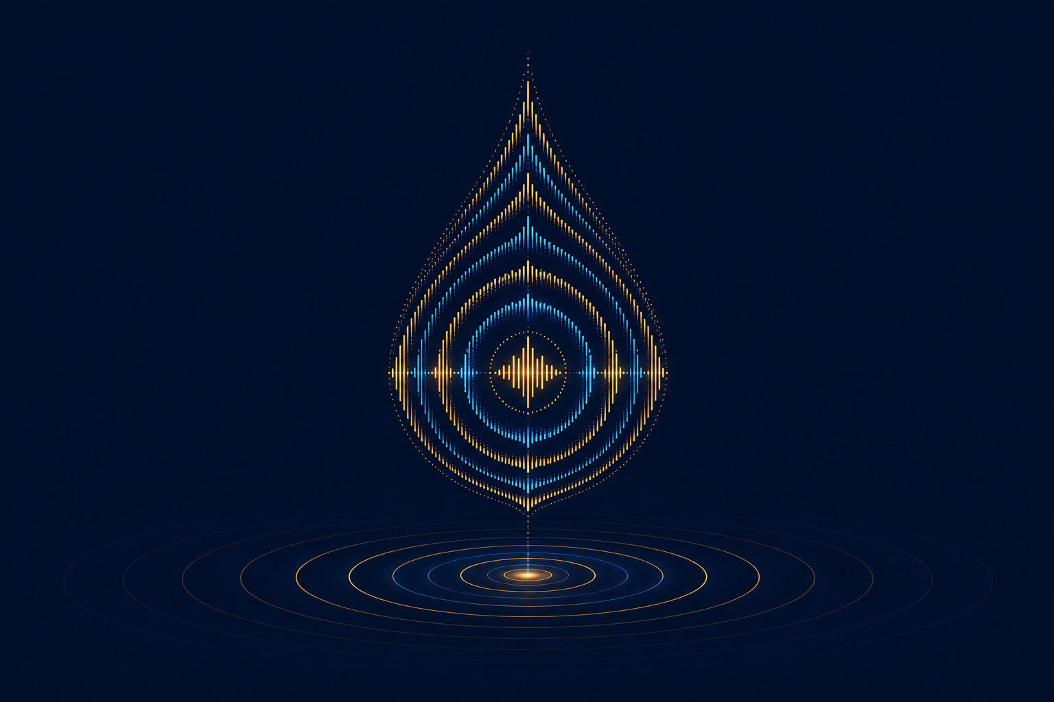 A droplet formed from concentric audio waveform rings above an expanding ripple, representing the Sound Credit Drip feature.
