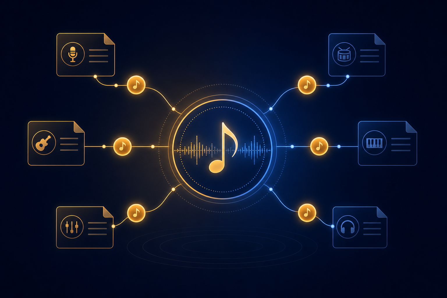 A central musical note connected by lines to coins and credit documents, representing music royalties and rights distributed to contributors.