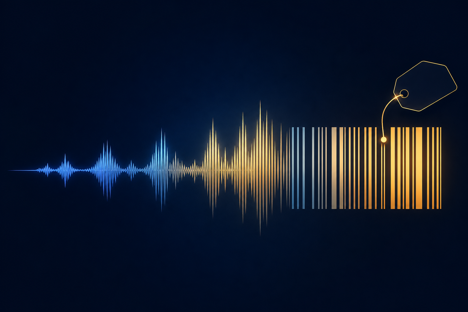 An audio waveform transforming into a barcode with a tag, representing a unique ISRC identifier code assigned to a sound recording.
