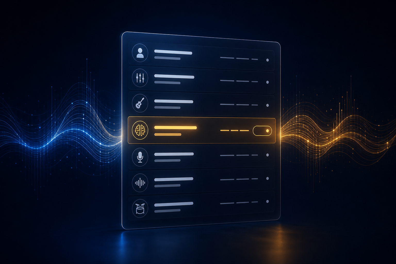 A music credits panel with contributor rows, one row highlighted in amber and marked as an AI contribution, over a blue and amber audio waveform.