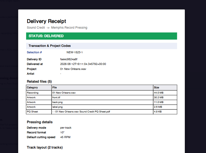 Sound Credit delivery receipt confirming a submission to Memphis Record Pressing