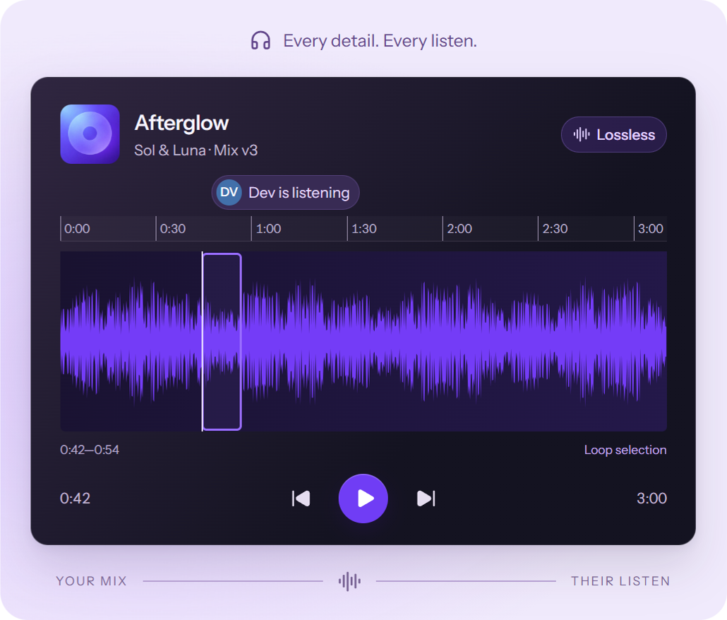 Lossless streaming player with waveform and loop selection