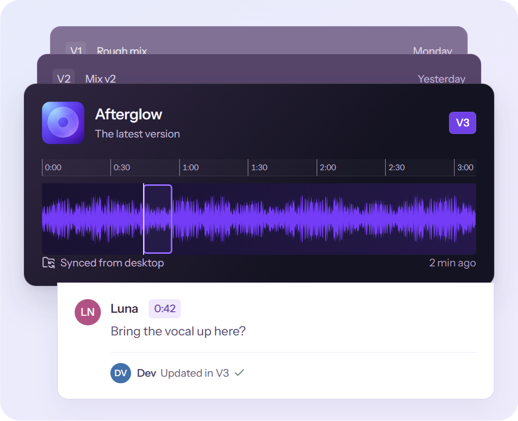 Versions synced from desktop with timestamped comments from collaborators