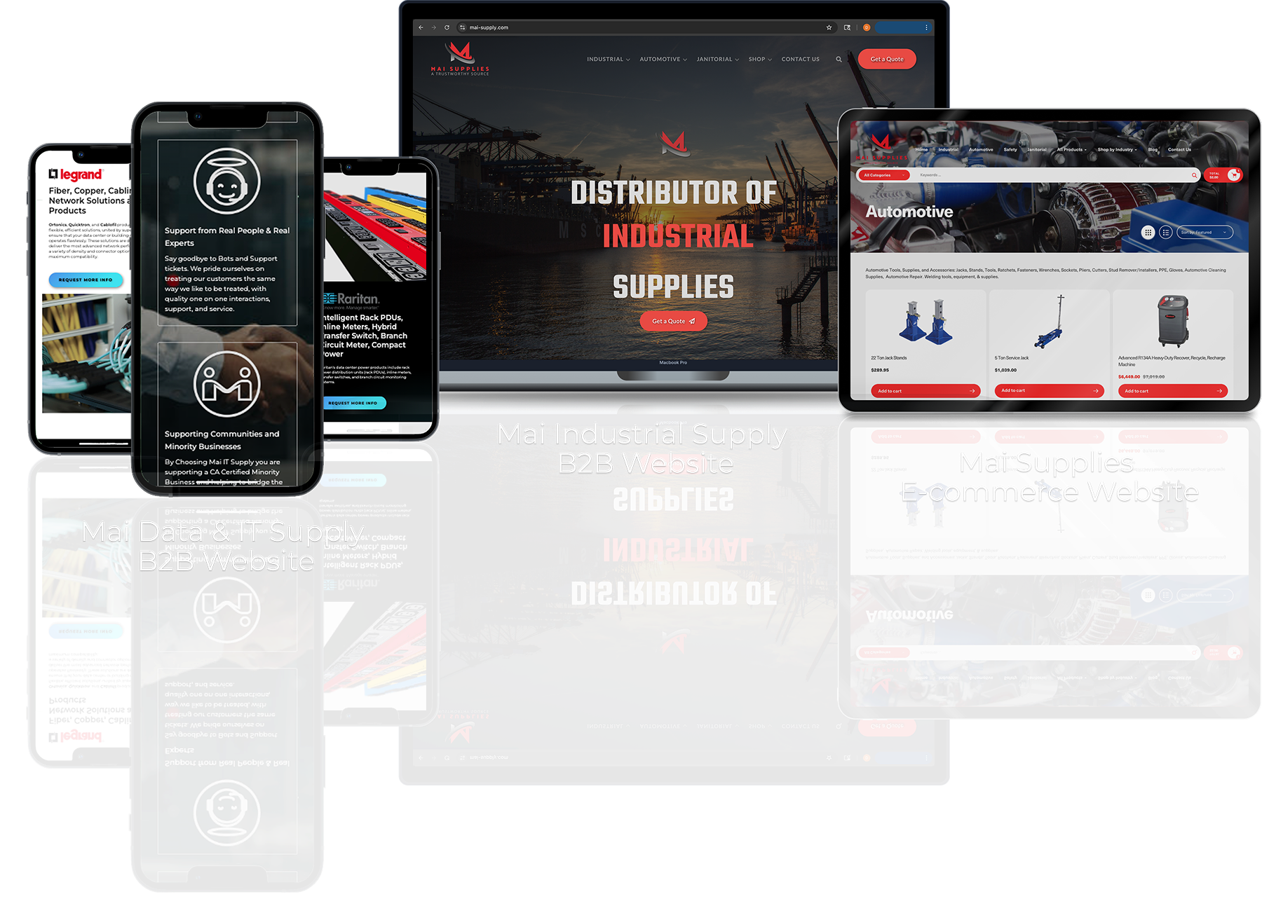 An image containing 3 B2B and Ecommerce  Websites on both web and mobile devices