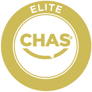 CHAS Elite certification badge with gold circular border and white centre.
