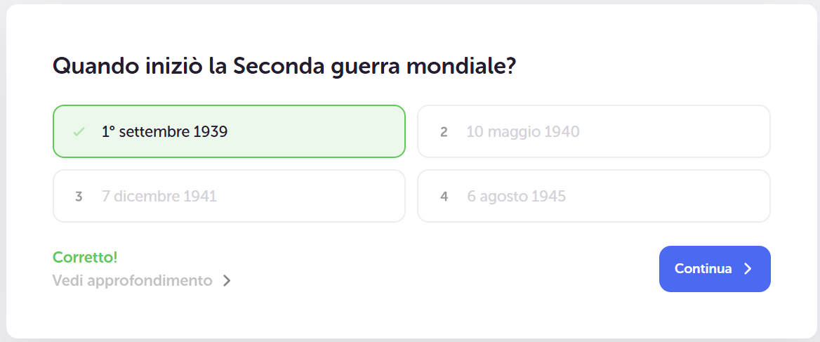 Esempio di quiz di Algor riguardante l'inizio della Seconda guerra mondiale con la data esatta dell'invasione della Polonia.