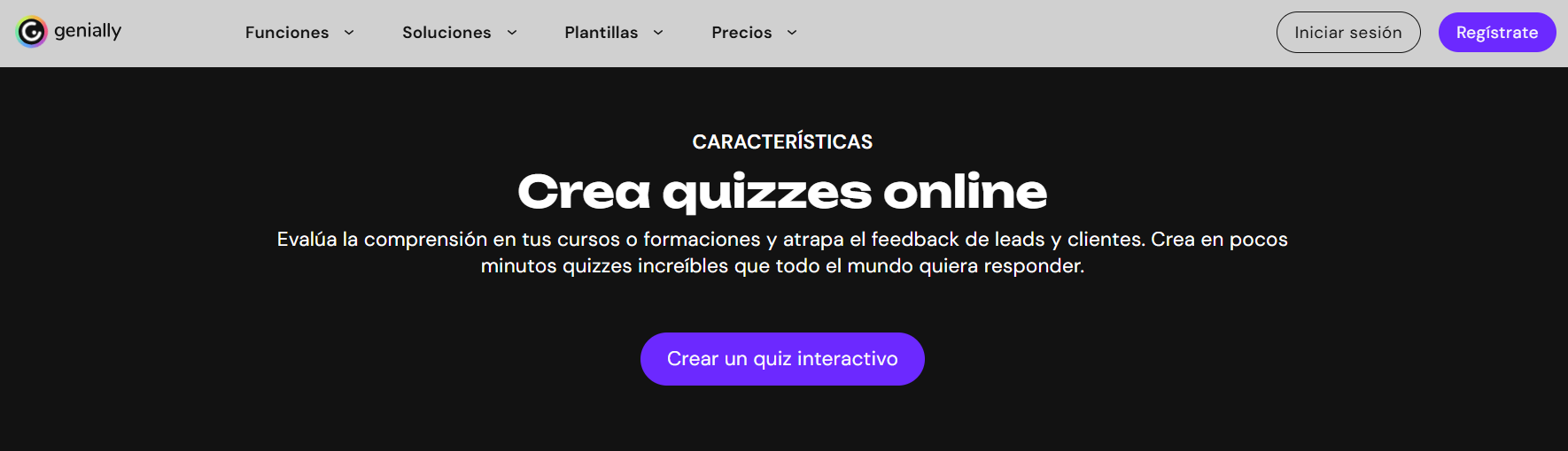 El sitio de Genially con una opción para crear cuestionarios en línea y un botón azul para empezar.