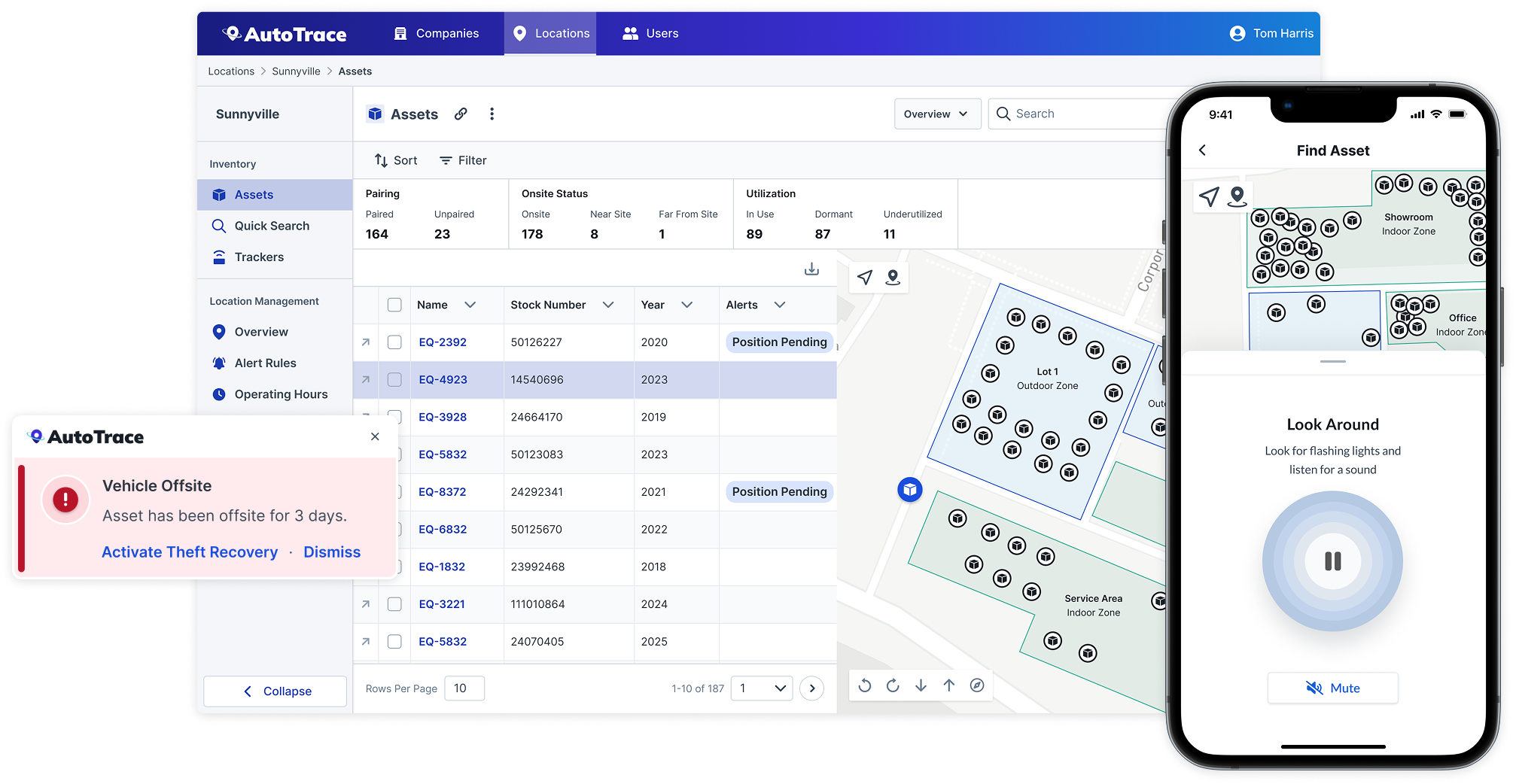 A webpage shows a table of assets and their real-time location on a map oriented in different zones managed by the business.