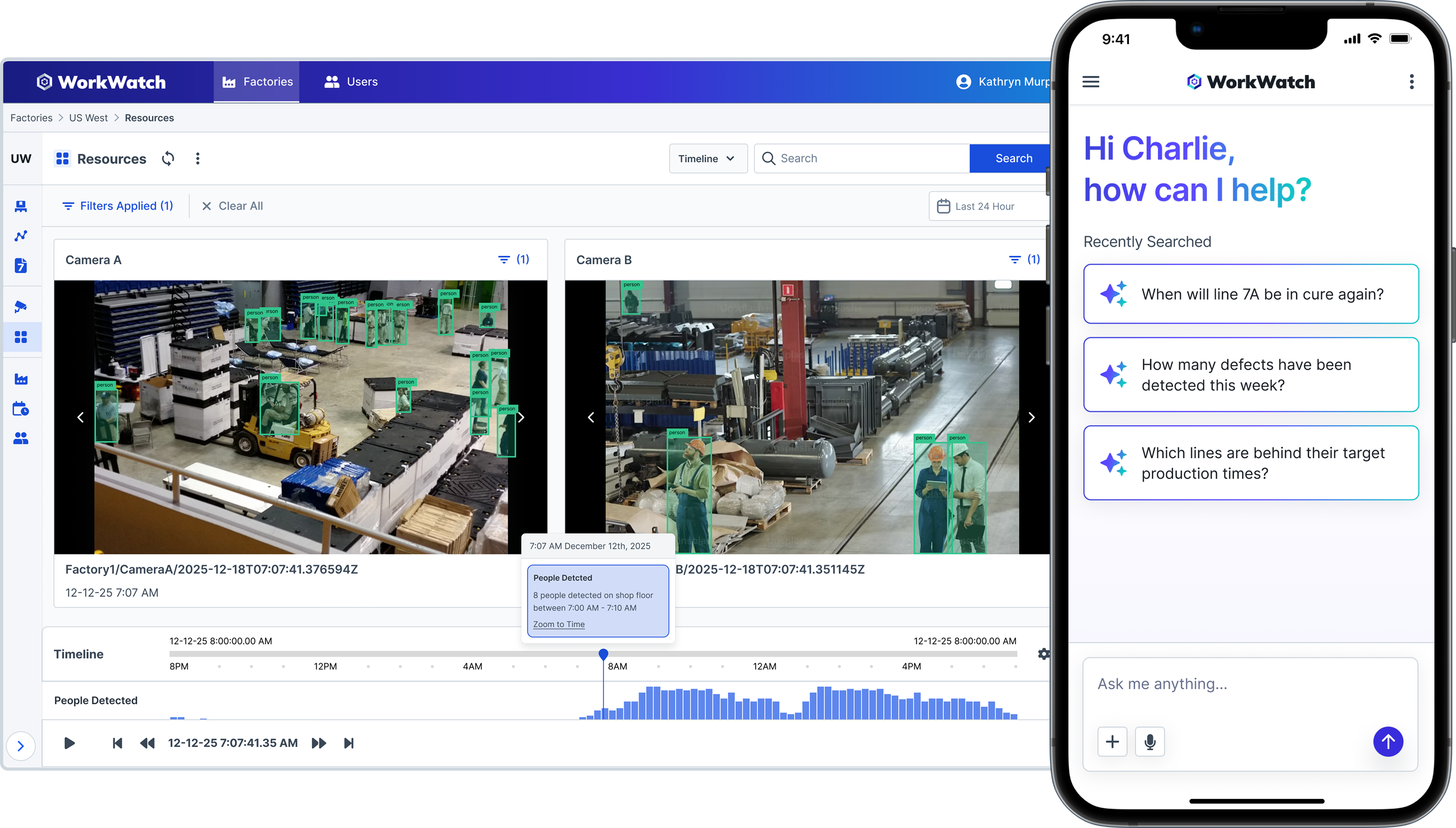 WorkWatch UI showcasing labor tracking and generative AI assistant