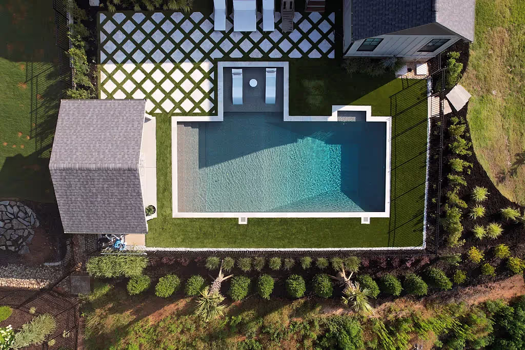 Drone image over a pool and landscape done by Reedy River Landscapes